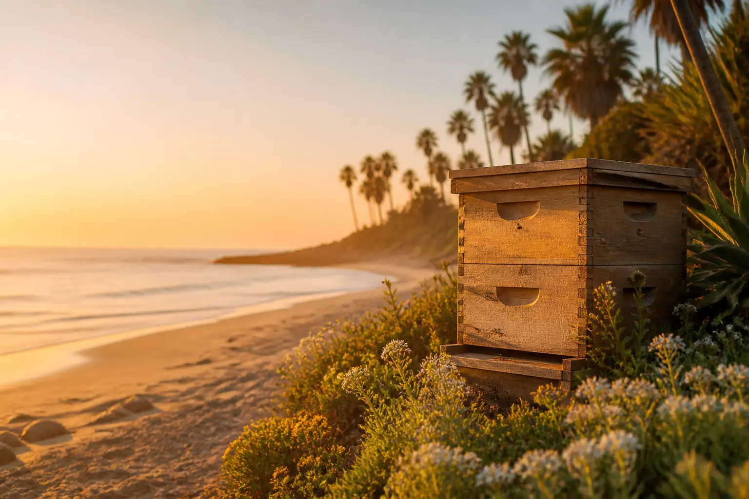 Golden-hour coastal apiary: a wooden hive among wildflowers, bees in flight, palms, and a calm ocean horizon